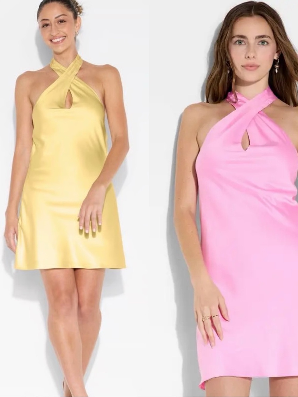 Yellow and Pink Halter Cross-Front Mini Dress